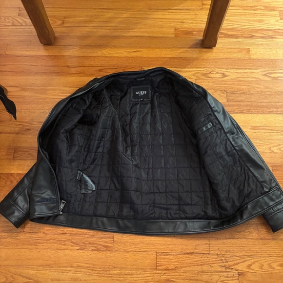 GUESS Men's Faux-Leather Detachable-Hood Motorcycle Jacket - Black, size Large - Picture 7 of 8